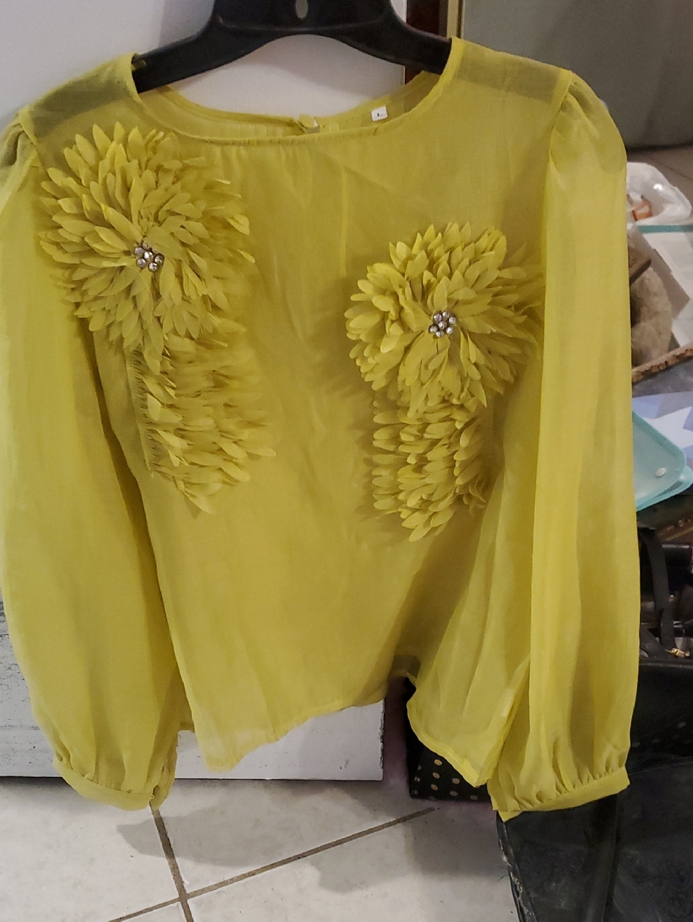 Women’s Yellow Floral Appliqué Long-Sleeve Top